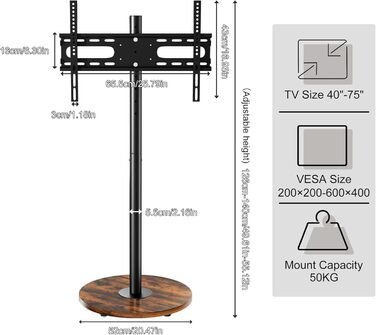 Підставка для телевізора Unho з регульованою висотою та коліщатками, для екранів 40-75 дюймів, VESA 600x400 мм (чорний)