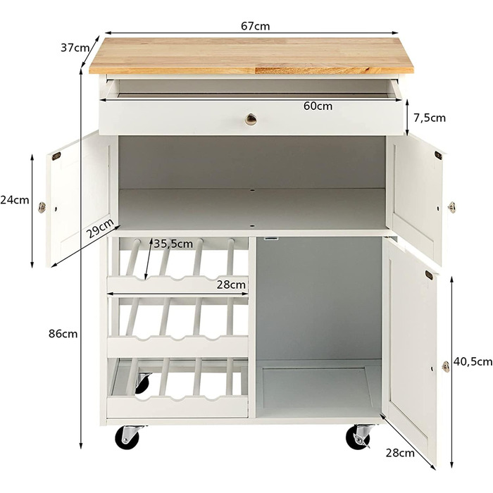Кухонний візок COSTWAY на колесах, сервірувальний візок з ящиками, винна стійка та стільниця, дерево (білий)