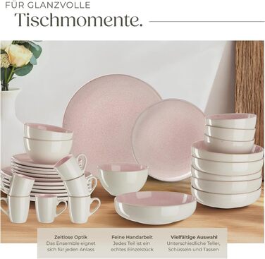 Набір посуду Tectake® 30 предметів для 6 осіб, керамічний посуд, ручної роботи, тарілки, миски та чашки, придатний для миття в посудомийній машині та використання в мікрохвильовій печі - Coral Blush