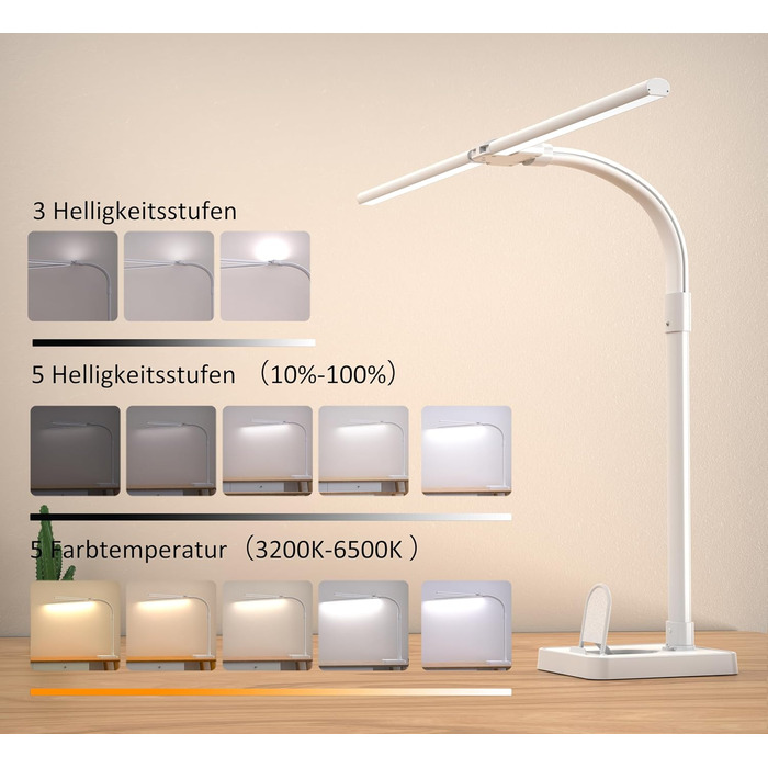 LED настільна лампа LOTTBUTY з диммуванням, 24W, 80см, для офісу та дому, з гнушим шийкою та тримачем для телефону (біла)