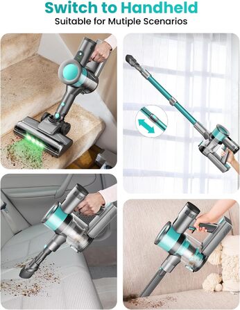 Бездротовий пилосос Dzaki 45000Pa з акумулятором, дисплеєм та антизаплутувальною насадкою для твердих поверхонь, килимів, шерсті тварин та авто (блакитний)