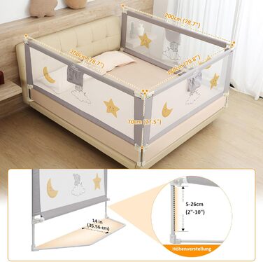 Бортики для ліжка дитячі 3 шт. (2x200 см + 1x180 см) складані, захист від випадання, малюнок - слоники