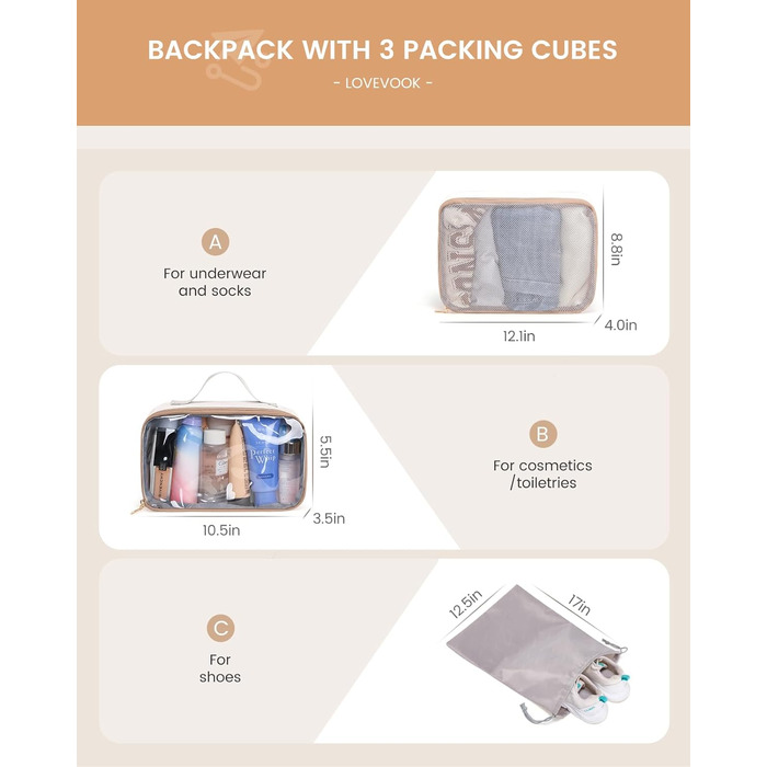 Рюкзак для ручної поклажі LOVEVOOK 40L, рюкзак для подорожей для жінок, з відділенням для мокрого та сухого, 45x36x20 см, для ноутбука, ручної поклажі, 18 дюймів (Бежевий хакі)