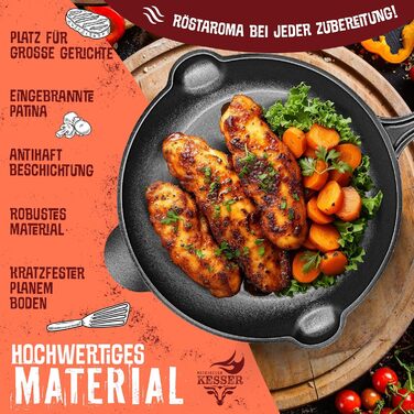 Кесер® сковорода-гриль з чавуну для індукційних плит, газових та вугільних грилів, духовки | Сковорода для стейків | 26 см | З захисними ручками, рецептами та очищувачем