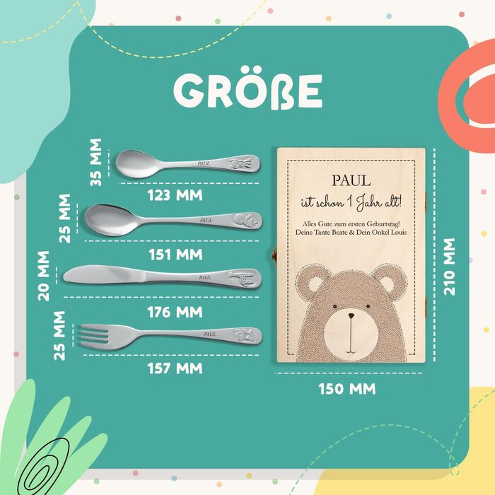 Набір дитячого столового прибору Maverton Kinderbesteck Set з гравіюванням та дерев'яною коробкою з написом - з нержавіючої сталі, з зображенням тварин, 4-х частинний, персоналізований, коричневий - подарунок на день народження, хрещення, народження - вед