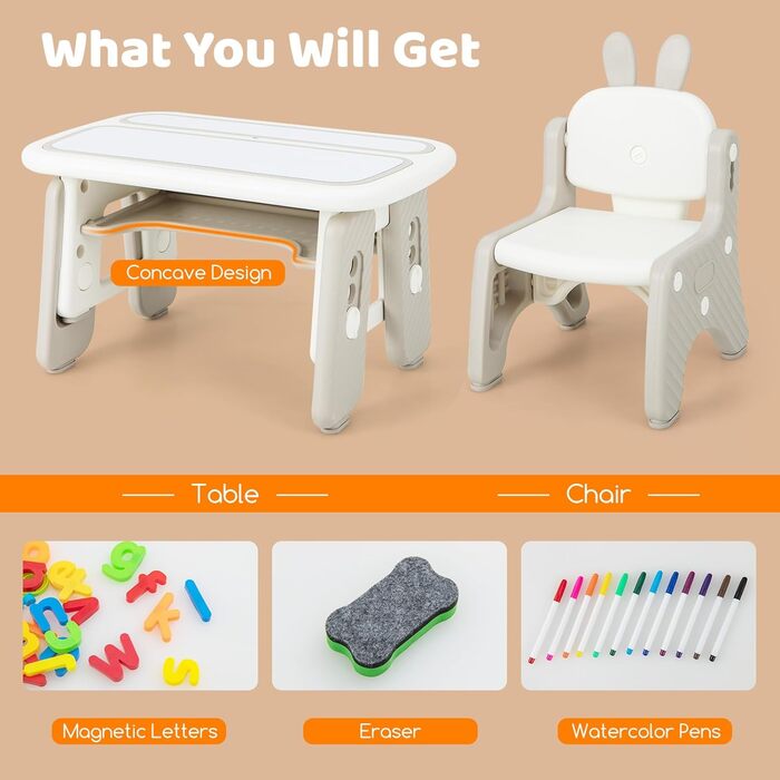Дитячий стіл COSTWAY зі стільцем, регульований по висоті стіл з відкидною книжковою шафою та магнітною дошкою для малювання, стіл для малювання Стіл для занять з приладдям для зберігання та малювання для дітей до 12 років