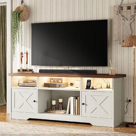 Тумба під ТВ Coleshome з розетками, USB, LED, 4 відкриті полиці та 2 шухляди, 150x35x65 см, білий та горіх