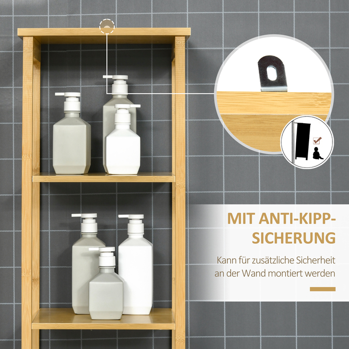 Шафа Kleankin Badschrank Bambus, 34 x 30 x 173 см, з 3 відкритими полицями та 1 шафкою, захист від перекидання, отвір для ручки, вільного стояння, для маленьких приміщень, натуральний колір | Aosom