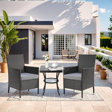 Набір меблів для балкона LIFERUN 3 шт. з ротангу, подушками та склом, чорний