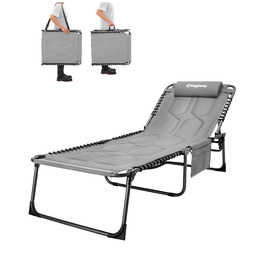 Лежак для відпочинку KingCamp великого розміру, складаний, 5 положень, для саду, кемпінгу, пляжу, з подушкою та кишенею, до 200 кг, 200 x 68 см, сірий