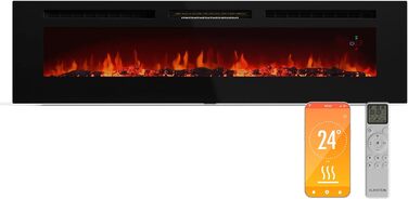 Електрокамін Klarstein Galeras Smart 1800 Вт, LED-полум'я, керування через додаток та пульт, регулювання кольору і яскравості, захист від перегріву, настінний, чорний, 178×47×13 см