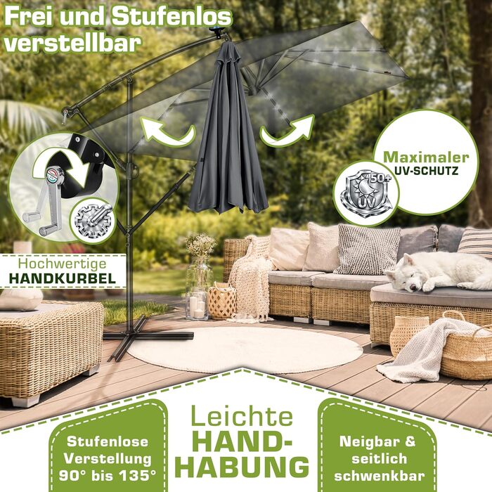 Прямокутна алюмінієва сонячна парасолька tillvex® 330 см з LED-підсвіткою, ручкою та чохлом, антрацит — підвісна садова парасолька з захистом від UV та вітру