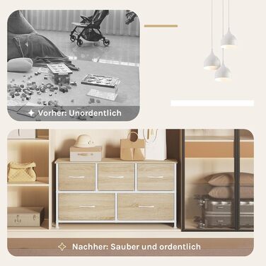 Комод WOLTU з 5 висувними ящиками з тканини, шафа-комод, тумба під TV, для вітальні, спальні, передпокою, з металевим каркасом та ДСП, білий, SSK005ws, білий (світлий дуб + білий, 5 тканинних ящиків)