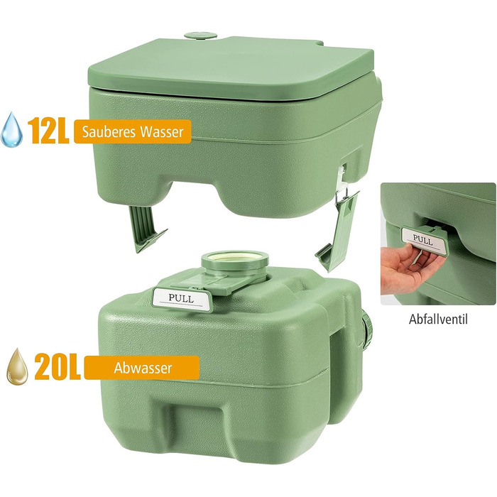 Туалет для кемпінгу DREAMADE 20L з знімними баками для відходів та чистої води, мобільний туалет з HDPE, витримує до 200 кг, з промиванням, для автодому та саду (зелений)