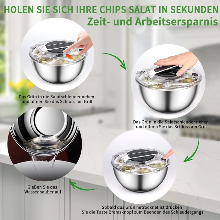 Салатниця-центрифуга 4.5л з нержавіючої сталі - для миття овочів, зелені та ягід