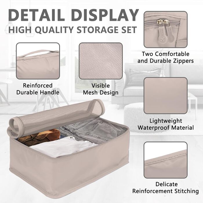 Набір органайзерів для валізи 12 предметів, водонепроникні пакувальні куби для подорожей та зберігання речей, бежевий