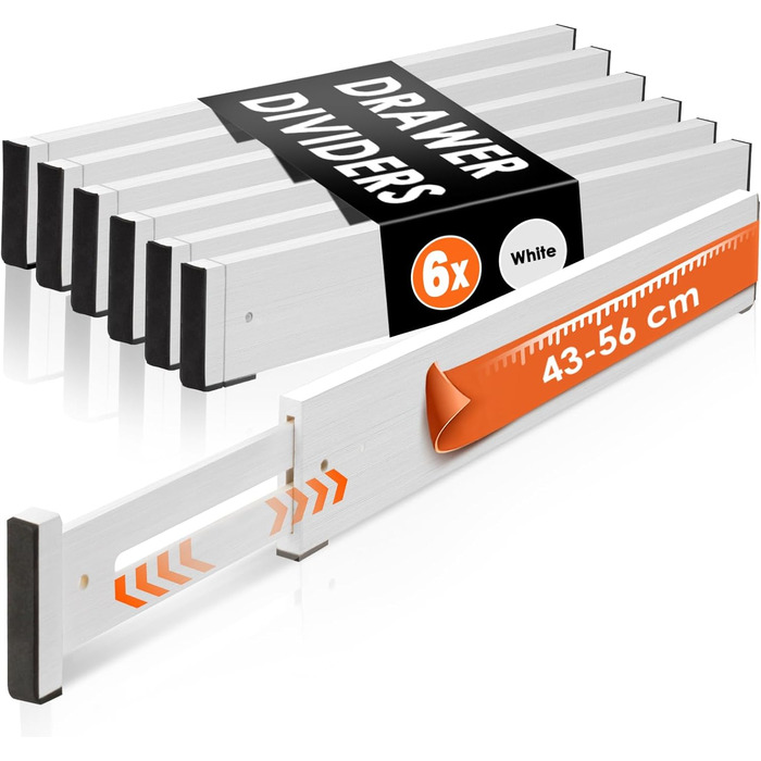 Органайзери для шухляд MUUKAIII (6 шт.) - бамбукові роздільники для шухляд, 43-56 см, 6 см висота, для кухні та шафи - білий