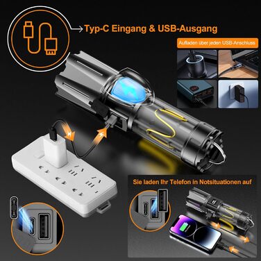 Потужний тактичний ліхтар Relybo LED, 1 000 000 Люмен, акумуляторний, з USB-зарядкою та плавним регулюванням яскравості, для кемпінгу та екстрених ситуацій (Чорний глянець)