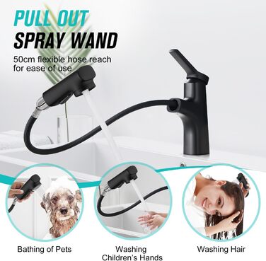 Сучасний змішувач для ванної кімнати CREA з висувною лійкою, 2 режими струменя, одноlever, з міді з хромовим покриттям (чорний)