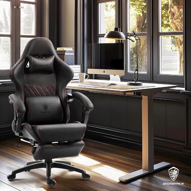 Ігровий крісло Dowinx з регульованою підніжкою, масажним поперековим валиком та офісним комфортом, до 200 кг, кут нахилу спинки 165°, чорний