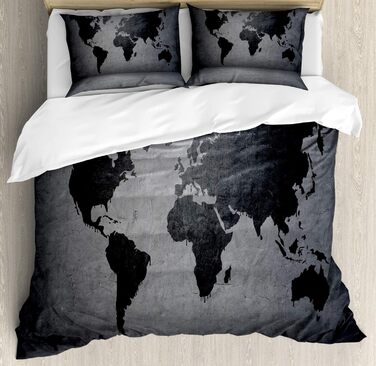 Темно-сірий набір підковдр для двоспальних ліжок, карта світу на стіні, м'яка тканина з мікрофібри, як правило, не вицвітає, 230 x 220 см, чорно-сірий
