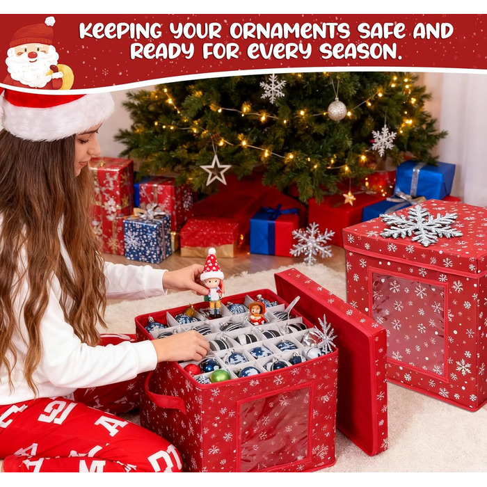 Коробка для зберігання новорічних прикрас з 166 відділеннями, 31x31x30 см, червона, з сніжинками
