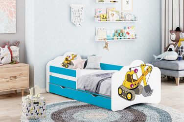 Дитяче ліжко Happy Babies MOBI з матрацом 160x80 односпальне ліжко синього кольору з висувними ящиками та захистом від падіння для маленьких дітей Ліжко для хлопчиків з малюнком екскаватора (M21)