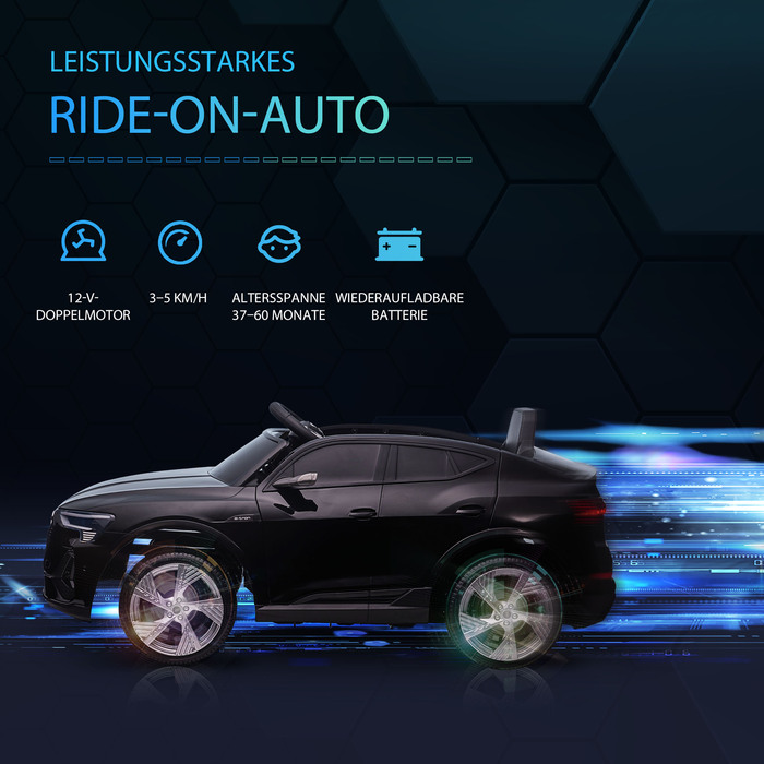 Електромобіль HOMCOM Audi e-tron 12V для дітей 3-5 років. Реалістичний дизайн, дистанційне керування, безпечний ремінь, музика (MP3/USB/TF), швидкість до 3-5 км/год. Чорний колір.