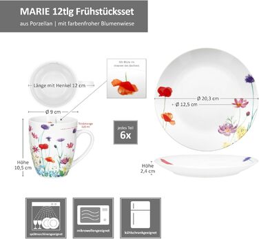 Набір посуду MamboCat Marie (12 предметів) для 6 осіб | Фарфоровий посуд з квітковим декором | 6 тарілок та 6 чашок 320 мл | Для сніданку та кави