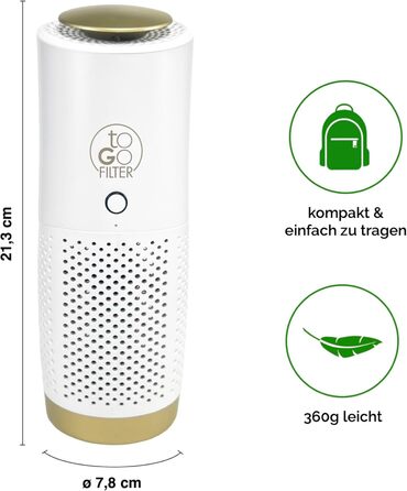 Портативний очищувач повітря toGo Filter з акумулятором, компактний для подорожей, авто, офіс. HEPA 13, фільтр з активованим вугіллям, для алергіків, астматиків, 15㎡