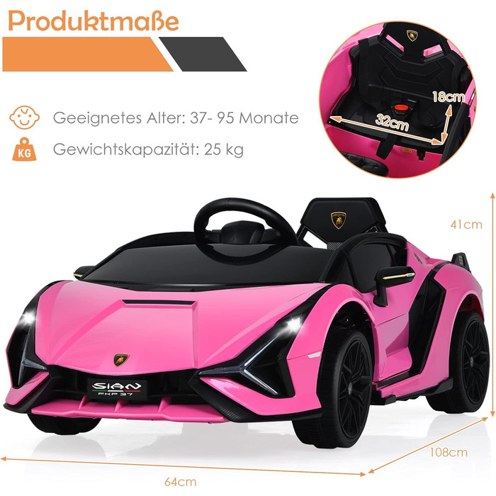 Дитячий електромобіль Lamborghini 12V COSTWAY з пультом, MP3, музикою, LED-фарами, рожевий, для дітей 3-8 років