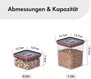 Неофламові банки для зберігання, герметичні та без BPA 0,55 л, 1,35 л, 1 л, 2,7 л (2 x 0,55 л, 2 x 1,35 л, чорний/червоний)