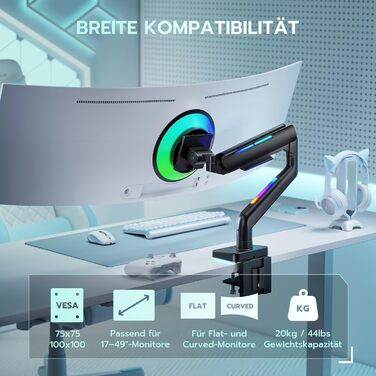 Кріплення для монітора ARES WING Ergonomic RGB, 17-49 дюймів, регульоване по висоті, поворотне, нахилене, RGB LED (білий/чорний)