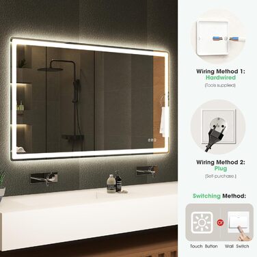 Дзеркало для ванної кімнати S'bagno Bluetooth з підсвічуванням 100x70 см, LED, протитуманне, регулювання кольору 3000K-6500K, диммування, пам'ять, HD-загартоване скло, IP44, горизонтальне/вертикальне