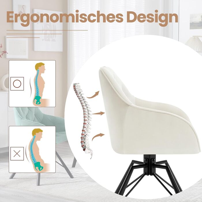 Крісла для їдальні WOLTU EZS60dgr-4 (8 шт.) з м'яким сидінням та підлокітниками, обертаються на 360°, з металевими ніжками, оксамитовий покрив (кремовий)