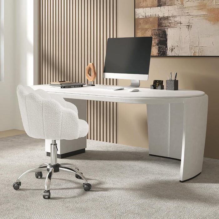 Крісло WOLTU для офісу та дому, крісло до туалетного столика з м'якою спинкою у вигляді пелюсток, поворотне з колесами, регульоване по висоті, для робочого кабінету, спальні, (кремово-білий, кашеміровий матеріал)