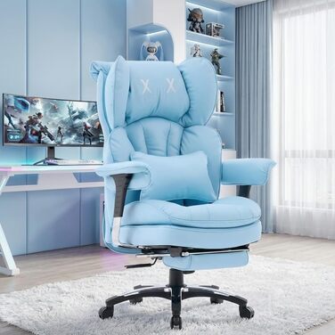 Ергономічне офісне крісло Efomao X-Stickerei для дому та офісу, шкіряне (PU), 200 кг, з підставкою для ніг та підтримкою попереку, чорне з блакитним