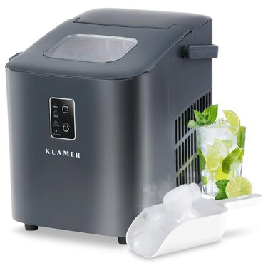 Льодогенератор KLAMER 24 кг/добу, 3 розміри льоду, 2.2л резервуар, 130W, тихий, сірий