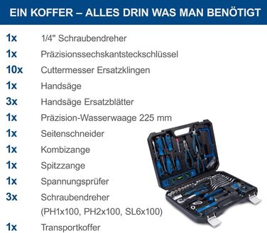 Набір інструментів Scheppach WZK120 (97 предметів) в кейсі з міцного пластику: викрутки, біти, шестигранники, ручний інструмент з гумовими ручками
