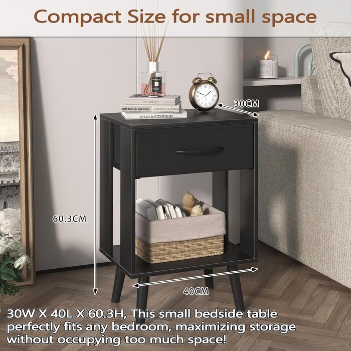Набір з 2 тумбочок до ліжка, 40x30x60.3 см, чорний колір. Тумбочки з шухлядою для спальні, дитячої кімнати, як подарунок. Настільний столик, приліжкова тумбочка.