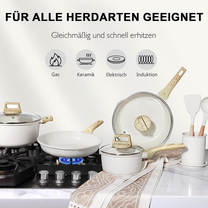 Набір посуду GipP 22 шт. з керамічним покриттям, антипригарний, для миття в посудомийній машині, без PFAS, білий