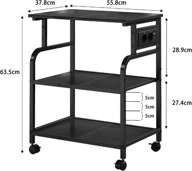 Трирівневий стіл для принтера з розеткою та USB-портами, регульовані полиці, роликовий стійка для принтера для дому/офісу, 3D/лазерний принтер, термопрес (Чорний) Чорний 60 см