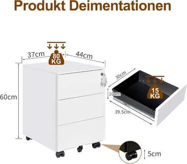 Роликовий контейнер HOMSTEEL з замком, 4 ключі, 4 висувні ящики, металевий шафка, збірно-розбірний, для офісу та дому, білий