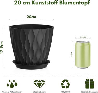 Набір горщиків для квітів 20 см, 5 шт. Чорні пластикові горщики з підставкою та дренажними отворами, 3D-текстура, для монстери, герані та кімнатних рослин, внутрішнє та зовнішнє використання
