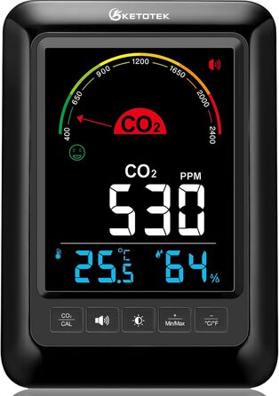 Вимірювач CO2 KETOTEK з термометром та гігрометром, детектор якості повітря з сигналізацією та рекомендаціями, батарейне живлення та USB-підключення