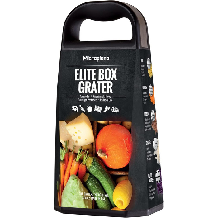 Терка Microplane для овочів та сиру з 5 різними поверхнями (дрібна, велика, дуже велика, двостороння) з нержавіючої сталі - Made in USA, чорний/нержавіюча сталь