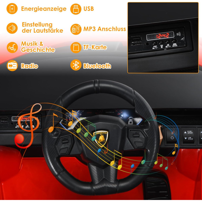 Дитячий електромобіль GOPLUS Lamborghini з пультом, Bluetooth, USB, музика, для дітей 3-8 років, білий/червоний