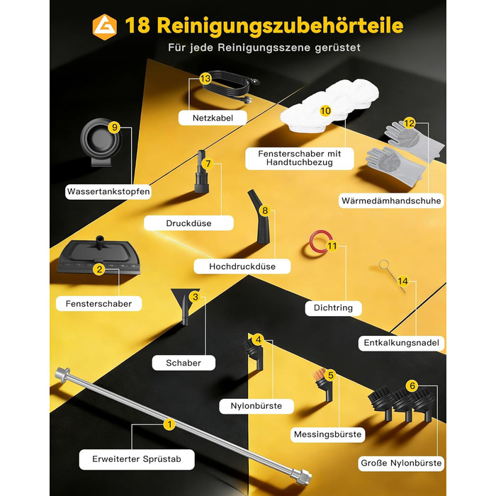 Пароочисник Gautye 3-рівневий регульований руків'я, нагрів за 10 секунд, бак 2L, 18 насадок, для кухні, ванної, підлоги, авто, вікон, чорний