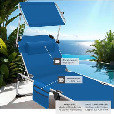 Шезлонг Tectake з дахом, шезлонг для балкона з алюмінію, складаний садовий шезлонг, стійкий до погодних умов, лежак для саду, кемпінгу та пляжу, регульована спинка, подушка для голови, бічна кишеня - сірий меланж (блакитний)