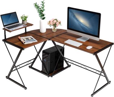 Подібний дерев'яний комп'ютерний стіл COSTWAY, кутовий стіл з підставкою для монітора та відділенням для зберігання, компактний стіл для офісу, кабінету, спальні, 147 x 112 x 79 см (коричневий)